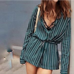 Urban Outfitters Silence + Noise Benji Striped Button-Down Romper Green XL